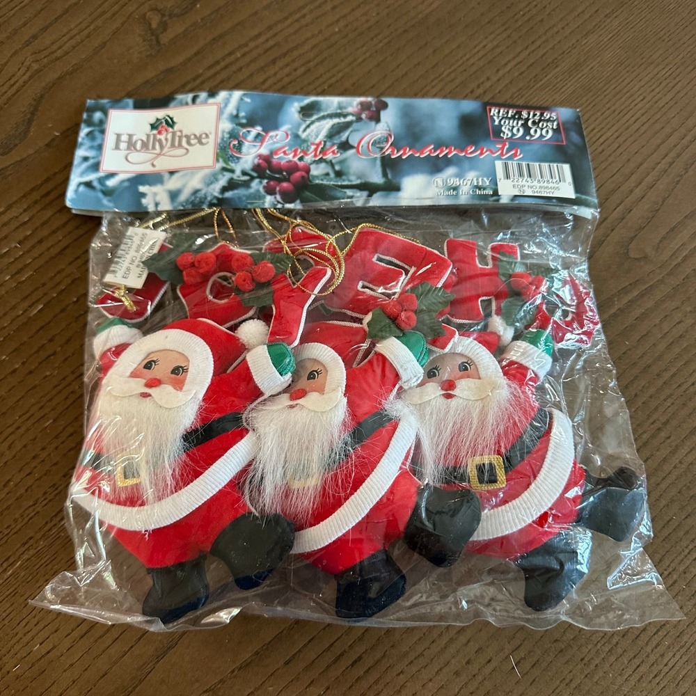 Holly Tree Santa Ornaments Set of 3 Vintage Plush Christmas Ho Ho Ho 9467HY New